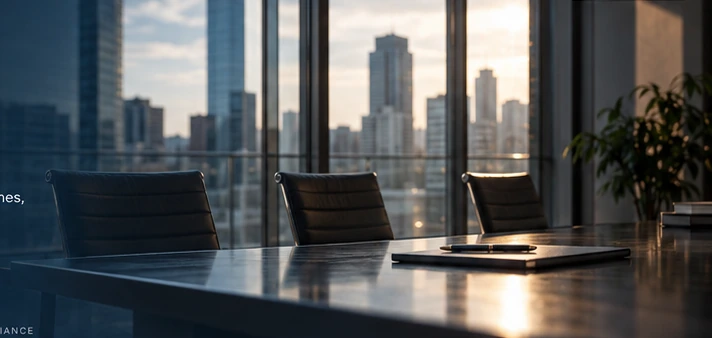 Sala de reuniones corporativa con vistas a edificios de oficinas